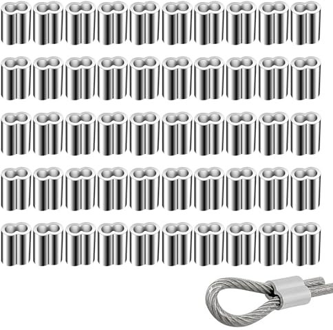 Virolas De Aluminio, 50 Piezas 4mm Manguito De Bucle De Aluminio Dobles, Bucles De Engarce, Cable Doble Manguito, Manguitos De Cable De Acero, Abrazaderas De Cuerda De Doble Manguito