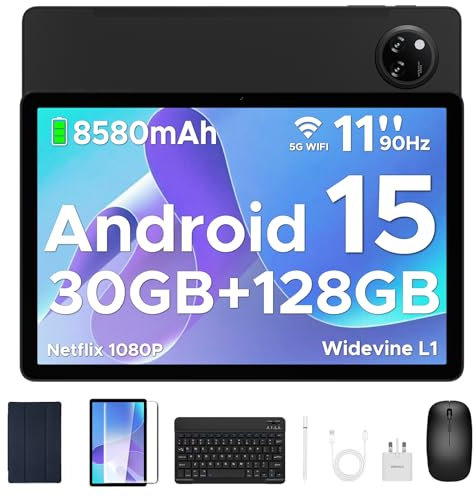 DOOGEE Tab A9 Pro+ Android 15 Tablet, 11 Inch Tablets with 90Hz Display, 30GB RAM+128GB ROM/2TB, 8580mAh Android Tablets, Tablet with Keyboard/Pen/Mouse/Case, Widevine L1, Dual Speaker/Face ID/OTG