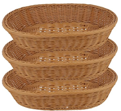 SINJEUN 3 Cestas de Mimbre Trenzadas Ovaladas, 35 x 25 x 7 cm, Plástico Marrón, para Alimentos, Frutas, Cosmética, Cocina y Almacenamiento