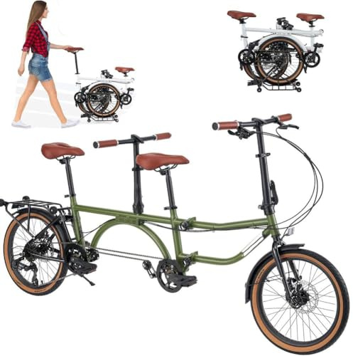 Mixtric Vélo Tandem 4 Places Pliable Cadre en Acier À Haute Teneur en Carbone 7 Vitesses Freins À Disque Avant Et Arrière Roue Arrière Pliable Porte-Bagages 4 Roues pour Une Poussée Facile,Vert,20 in