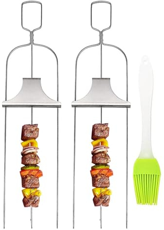 Pinchos para barbacoa, pinchos de kebab, pegatinas para barbacoa, soporte con barra de empuje, varillas de acero inoxidable para shish kebab, resistentes a la oxidación, planas, 3 clavijas para cocina