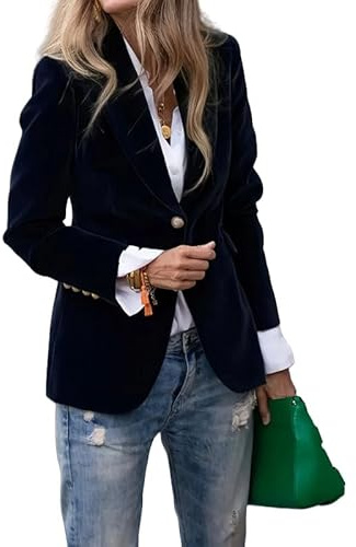 Blazer Femme Blazer en Velours Ajusté À Un Bouton pour Femme Style Vintage Manches Longues Revers Crantés Couleur Unie Élégant pour Le Travail Le Bureau avec Poches Noir Taille S