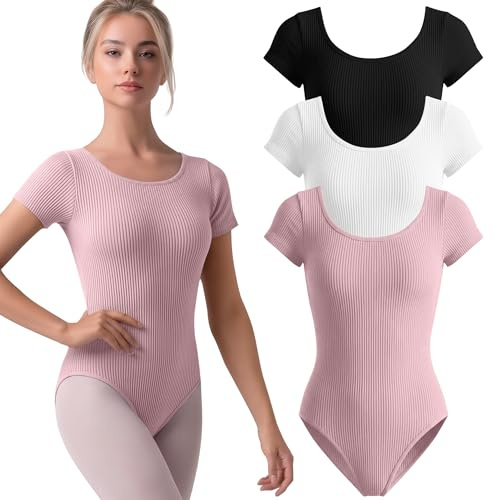 JoyMotion 3 Pack Women's Short Sleeve Leotards for Ballet Dance Cotton Crew Neck Gymnastics Adult Bodysuit Ballerina Leotard(Pink, White, Black,Large)