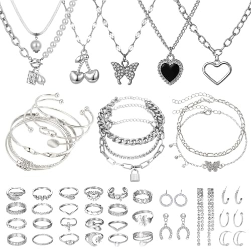 EDLMKM 45PCS Silver Jewellery, Women's Jewellery Set, Layered Necklaces, Knuckle Rings, Bracelets, Costume Jewellery Sets for Women, Birthday Christmas Anniversary Day