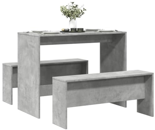 HengCaDa 3-Piece Dining Table and Bench Set, Concrete Grey Wood Material, Dining Room Group with Sturdy Table Top, 97 x 47 x 75 cm, 2 Benches Each 110 kg Load Capacity, Space-Saving for Kitchen and
