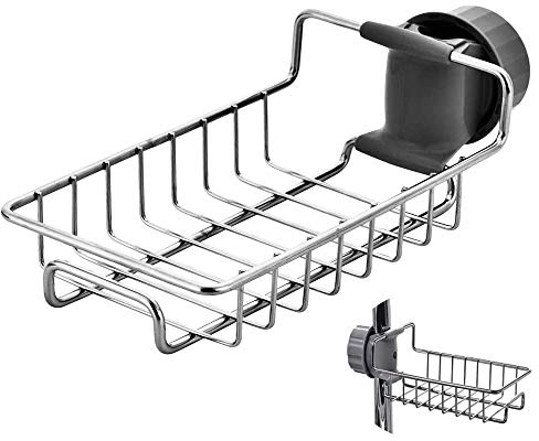 iPstyle Kitchen Sink Caddy Organizer Over Faucet Sponge Holder, Stainless Steel Heavy Duty Thickening Hanging Faucet Drain Rack for Scrubbers, Soap, Bathroom, Detachable No Suction Cup or Magnet