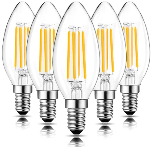 ROMANJOY Dimmable LED Candle Bulbs, 6W Equivalent 60W, 2700K Warm White, E14 Small Edison Screw Bulb, C35 Clear Glass LED Filament Lamp for Chandelier Ceiling Fans, 5 Pack
