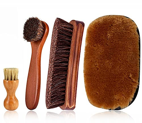 Shoe Brush, KY-Tech 4 Pieces Shoe Polish Brushes Premium Horsehair Brushes High Shine Polishing Buffing Brushes for Leather Bag, Sofa, Boot, Car Seat, Interiors Furniture