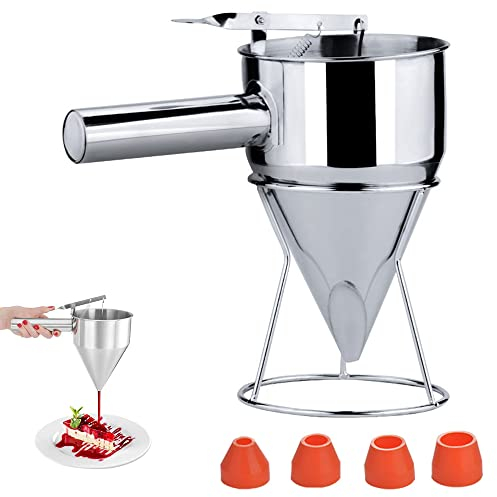 Backtrichter, 18mm Loch Stainless Steel Baking Funnel, Pfannkuchen Teigspender, Edelstahl Teig Spender mit Rack für Zuhause Küche Bäckerei Kuchen Desserts Kochwerkzeuge Stainless Steel (mit 4 Lecks)