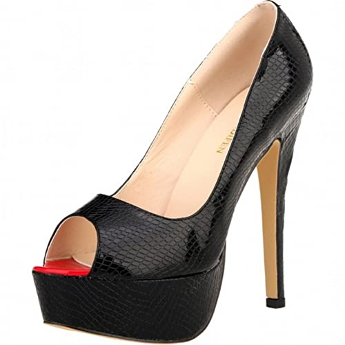 QIANKUN - Décolleté da donna con tacco alto, sexy, con punta aperta, piattaforma a stiletto, motivo coccodrillo, per feste e matrimoni - Nero, 39