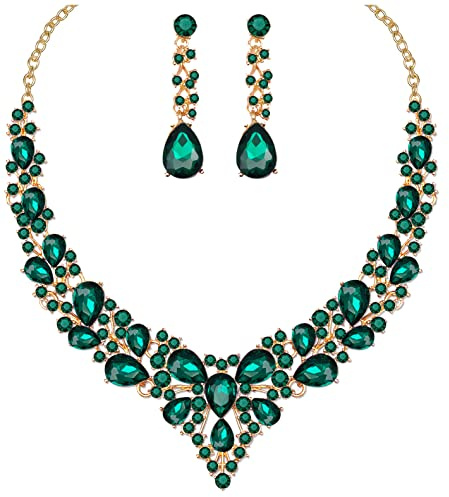 chaoyite Women's Statement Necklace Earrings Set for Bride Bridesmaids Austrian Crystal Bridal Wedding Prom Party Costume Jewellery Sets (green)