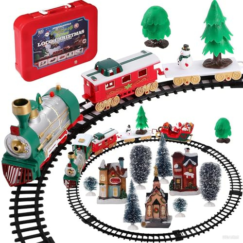 Thyle 10 Pcs Mini Christmas Village Train Decoration Include 1 Christmas Train Set, 3 Resin Village Houses, 6 Mini Sisal Snow Trees Under The Xmas Tree Decor Holiday Party Gifts, Battery Not Included