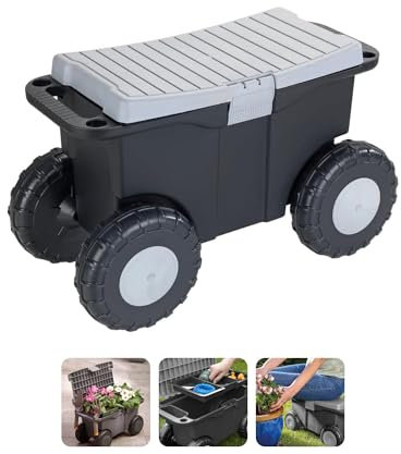 Carro de jardinería con Ruedas y Asiento – Carro para Transporte y Almacenamiento de Herramientas de jardinería, de plástico y Metal, 59 x 36 x 27 cm, 15 l, Gris y Negro
