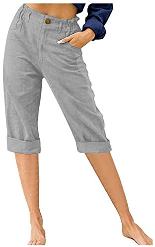 DeaAmyGline Leinenhose Damen Sommer 3/4, Sommerhose Damen Leicht Dreiviertel Hose Caprihose Luftige Freizeithose High Waist Drawstring Stoffhose Casual Baumwolle Leinen Kurze Capri Hosen