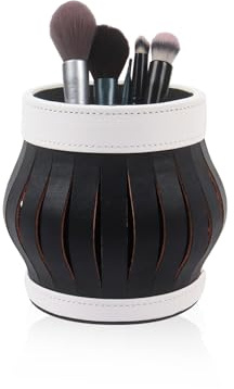 Nwvuop Makeup Brush Holder PU Leather Cosmetic Storage Organiser, Make Up Brush Organiser for Vanity Pen Pencil Holder(Black and White)