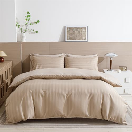 YASMENG Satin Bed Linen 155 x 220 cm Khaki Gold Striped Bed Linen Satin Shiny Luxury Duvet Cover Set Soft Silky Silk Bed Linen 3-Piece with Zip and 2 Pillowcases 80 x 80 cm