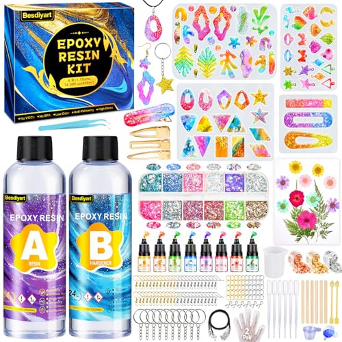 Epoxidharz Set Anfänger 400ml - Glasklar Resin Harz Gießen Mit Formen, 1:1 Verhältnis, Trockenblumen, Farbe, Glitzer, Haarspangen für Schmuckherstellung, Kunst Und Handwerk