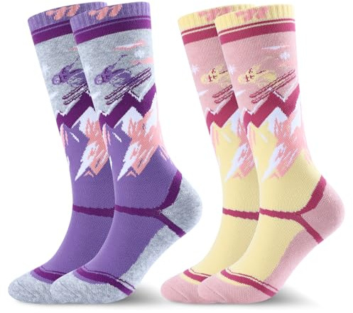 West Biking Kids Ski Socks - 2 Pairs Thick Merino Wool Thermal Socks, Multicolour for Cold Weather Skiing and Hiking, Ages 6-15