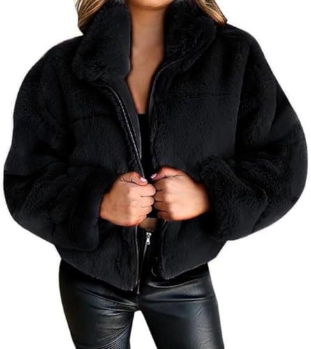 Chaqueta Corta mullida de Invierno para Mujer Moda Casual Cremallera Bolsillos Peludos con Chaqueta cálida Solapa Suelta Chaqueta de Piel sintética de Manga Larga (Negro,S)