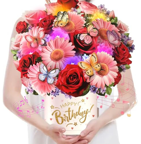 Musical Birthday Cards, 3D Pop-up Daisy & Rose Paper Floral Bouquet Birthday Card with Lights, Happy Birthday Card Gift for Women, Girls, Wife, Mum, Grandma, Sister, Girlfriend