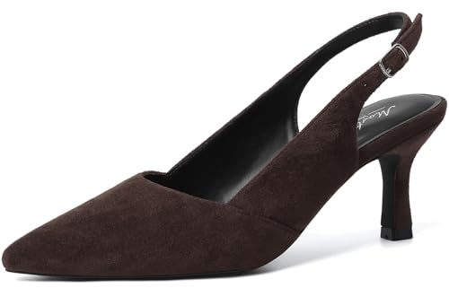 Mostrin Kitten Heels for Women Slingback Pointed Closed Toe Heels Women's Pumps Shoes for Wedding, Party, Commuting, Dark Brown Suede, 5 UK