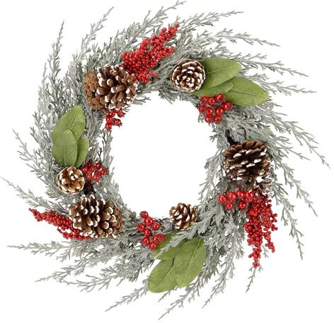 Zavothy - Ghirlanda natalizia 50 cm, corona natalizia, ghirlanda artificiale con pigne e palline di Natale, decorazione natalizia, decorazione per porta di casa, colore: Selady e rosso