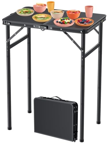 FUNYKICH Small Folding Table 2ft (60x40 cm), Max 75cm Tall Camping Tables 3 Height Adjustable, Lightweight Aluminum Outdoor Table with Carry Handle for Camping, Beach