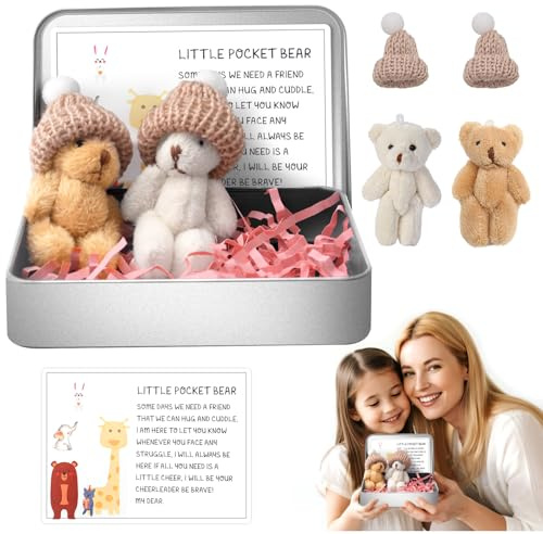TOGETDREAM 2 Pcs Little Pocket Bear Hug in a Tin Box, Worry Bear Hug in a Box Mini Plush Bears Set with Inspirational Card Handmade Mini Plush Teddy Bears in Box for Friends Women Men Birthday