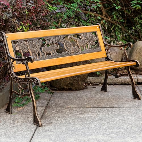 Hltdzer Banca Giardino per Bambini Miniatura in Legno Ghisa per 2 Persone per Esterno Banca per Bambini con Schienale Braccioli con Disegno Animale per Giardino, Portico