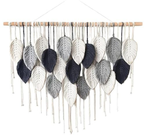 Packool Tapiz de pared grande de macramé, hecho a mano, de hojas bohemias, para dormitorio, salón, decoración de pared extragrande, con barra de madera