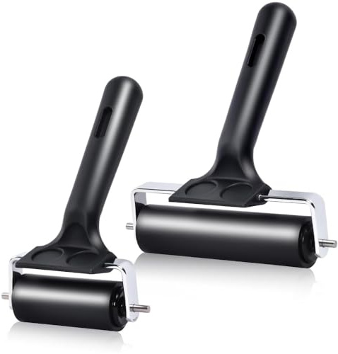 2Pcs Hard Rubber Brayer Rollers (4 & 2.2) for Printmaking, Ink Printing, Gluing, Stamping, Boat Flooring & Wallpaper Installation, Professional Lino Ink & Glue Roller Tool Set, Black