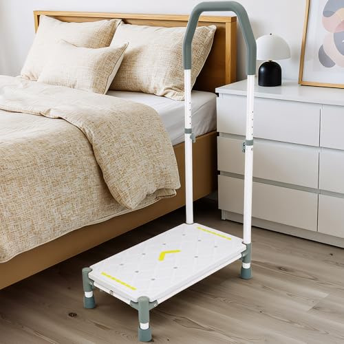 22in Extra Long Elderly Step Stool Armrests Height Adjustable, Up to 500lbs | 2-Tier Step Design, with Night Light Strips, Non-Slip -For High Beds for Adults, Seniors, Handicapped