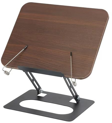 Wisnewth Leggio regolabile e pieghevole, porta libri con clip, multifunzionale per libri di cucina, ricette, tablet e laptop, supporto da tavolo per tablet, angolo regolabile, colore noce
