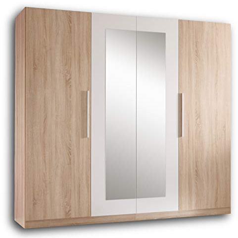 Stella Trading MARTINA Schlichter Kleiderschrank 4-türig - Vielseitiger Drehtürenschrank mit zwei Spiegeltüren in Eiche Sonoma Optik, weiß - 228 x 213 x 59 cm (B/H/T)
