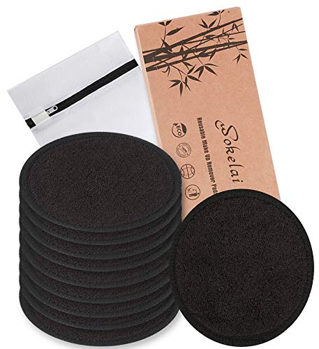 Lot de 10 tampons démaquillants réutilisables, 2 couches, 8 cm, noirs, lavables, respectueux de l'environnement, en coton de bambou bio naturel avec sac à linge, chiffons de nettoyage doux pour le