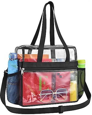 Paxiland Clear Bag for Stadium Events 12x6x12, Large Clear Tote Lunch Bag Stadium Approved with Detachable Reinforced Shoulder Straps for Concert and Festival, Transparent Handbag for men - Black