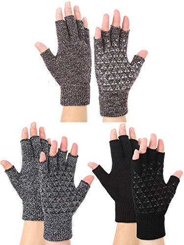 Geyoga 3 Pairs Fingerless Gloves for Women Anti Slip Half Finger Gloves Stretchy Texting for Winter Adult(Black, Black and White, Coffee and White)