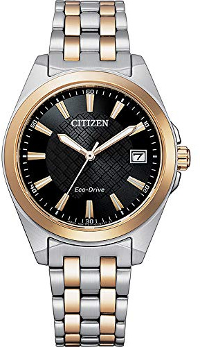 Citizen Sports Eco Drive Damen Armbanduhr aus Edelstahl in der Farbe Silber-Gold-Schwarz 33,5mm, Wasserdichtigkeit: 10 Bar, EO1213-85E