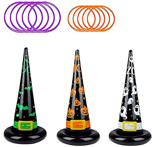 Kids Halloween Party Ring Toss Game Target Toy,Inflatable Witch Hats Toss Game with Rings (3 Witchs,10 Rings) for Family Kids Office Indoor Outdoor Halloween Toys Holiday Party Favors Fun Games