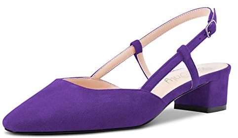 NobleOnly Donna Chunky Blocco Basso Gattini Tacco Heel Quadrata Punta Sandali Slingback Slip-on Pumps da Matrimonio Cute Scarpe Viola 40 EU