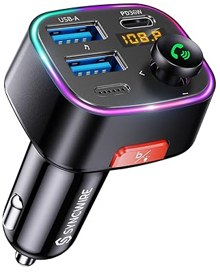 Syncwire Bluetooth 5.3 FM Transmitter for Car, 48W Max Dual USB Car Charger Adapter, Wireless Radio Receiver, Hands-Free Calling, Music Player Support 64G Drive with Light Switch, Black (SW-XC725)