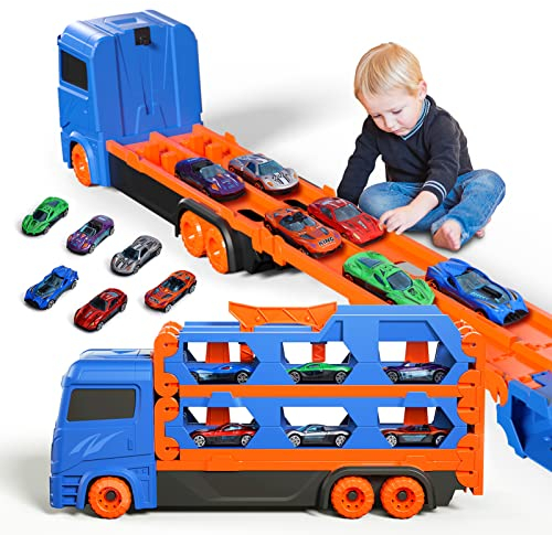 Ci Vetch Auto Spielzeug für 2-6 Jahre alte Jungen, Transport LKW Auto Spielzeug mit 61-Zoll-Rennstrecke, Blau