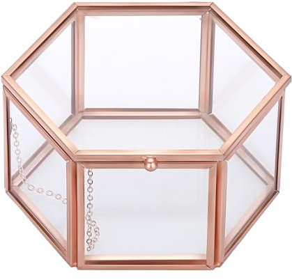 SUMTree Rosagolden Schmuckschatulle Metall Glas Schmuckbox Glasbox Schmukkiste Schmuckkoffer Geschenk Hochzeit Geburtstag Weichnachten Schmuckaufbewahrung Ring Schmuck Damen Mädchen (Sechseck Mittel)