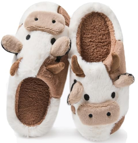 Coswind Zapatillas de Vaca Mujer Hombre Casa Casual Invierno Cómodas Felpa Peludas on Cloud Antideslizantes Suela Divertidas Pantuflas Vaca Marrón Abierta 270