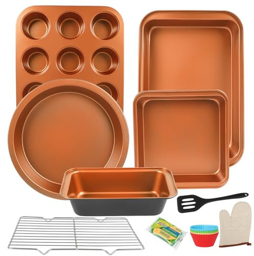 Barlket 6-teiliges Backformen-Set antihaftbeschichtet, Backformen-Set stapelbar, mit Backblech, Muffin, runde/quadratischer Kuchenform, Kastenform, Gestell, Ofenhandschuh, Spatel für