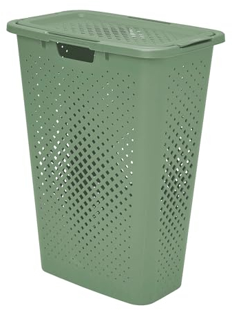SUNDIS Pixel, portabiancheria con copercho, 40l, plastica riciclata, verde salvia, ideale per piccoli spazi, 2 maniglie laterali e 1 maniglia inferiore, ventilazione su 4 lati