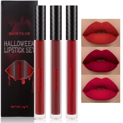 3 Colors Red Matte Liquid Lipstick Set, Burgundy Ruby Red Lip Gloss for Women, Vampy Halloween Makeup, High Impact Long Lasting Lip Stain Velvet Nonstick Cup Smudge Proof & Waterproof Lip Tint