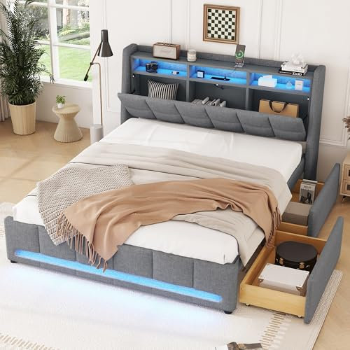 LAKFEW Polsterbett Doppelbett 140X200, Jugendbett Stauraumbett mit 2 Schubladen und LED-Beleuchtungsfunktion, Multifunktionsbett Kopfteil mit Stauraum und USB, Ohne Matratze, Leinen, Grau