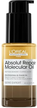 L’Oréal Professionnel Aceite Bifásico Reparador, 100 Horas Brillo, Antifrizz, Protector Térmico, Sin Aclarado, Cabello Dañado, Absolut Repair Molecular, MINI 30ml