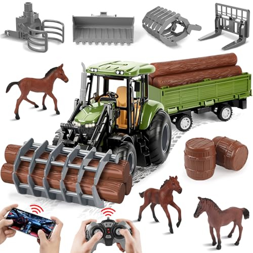 Herenear RC Trattore Telecomandato per Bambini, 22PCS Set di Trattore Radiocomandato - Con Rimorchio Giocattolo, 2.4Ghz Telecomandato, Cavallo Giocattolo, Giocattoli per Bambini di 3, 4, 5, 6, 7 Anni